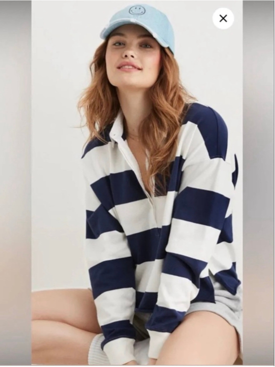 aerie Tops - Aerie Long Sleeve Pep Rally Rugby Sweatshirt S Navy White Striped Preppy Coastal